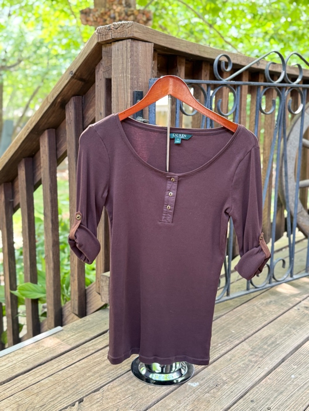 Lauren Ralph Lauren Chocolate Brown Henley Scoop Neck Top
